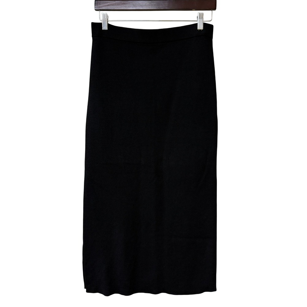 Garnet Hill Womens Black Merino Wool Tencel Knit Midi Skirt Size Small Side Slit